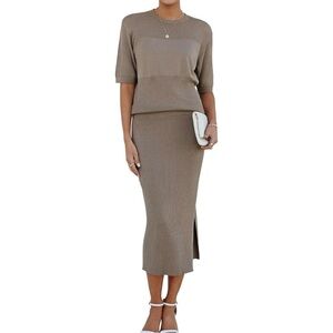 Elegant Tan Knit Top & Skirt